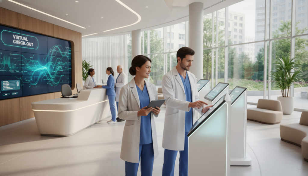 A modern patient experience clinic interior with staff efficiently managing virtual check-out at sleek digital kiosks. In the foreground, two healthcare professionals in professional attire assist a smiling patient, showcasing teamwork and interaction. The middle ground features a clean, well-organized reception area, with screens displaying check-out processes and patient information. In the background, large windows allow natural light to fill the space, enhancing a warm and welcoming atmosphere. The scene conveys productivity and satisfaction, with soft, diffused lighting illuminating the space. The perspective is slightly angled to highlight staff engagement, creating a dynamic yet professional mood that reflects the improvement in staff efficiency through technology. A modern patient experience clinic interior with staff efficiently managing virtual check-out at sleek digital kiosks. In the foreground, two healthcare professionals in professional attire assist a smiling patient, showcasing teamwork and interaction. The middle ground features a clean, well-organized reception area, with screens displaying check-out processes and patient information. In the background, large windows allow natural light to fill the space, enhancing a warm and welcoming atmosphere. The scene conveys productivity and satisfaction, with soft, diffused lighting illuminating the space. The perspective is slightly angled to highlight staff engagement, creating a dynamic yet professional mood that reflects the improvement in staff efficiency through technology.