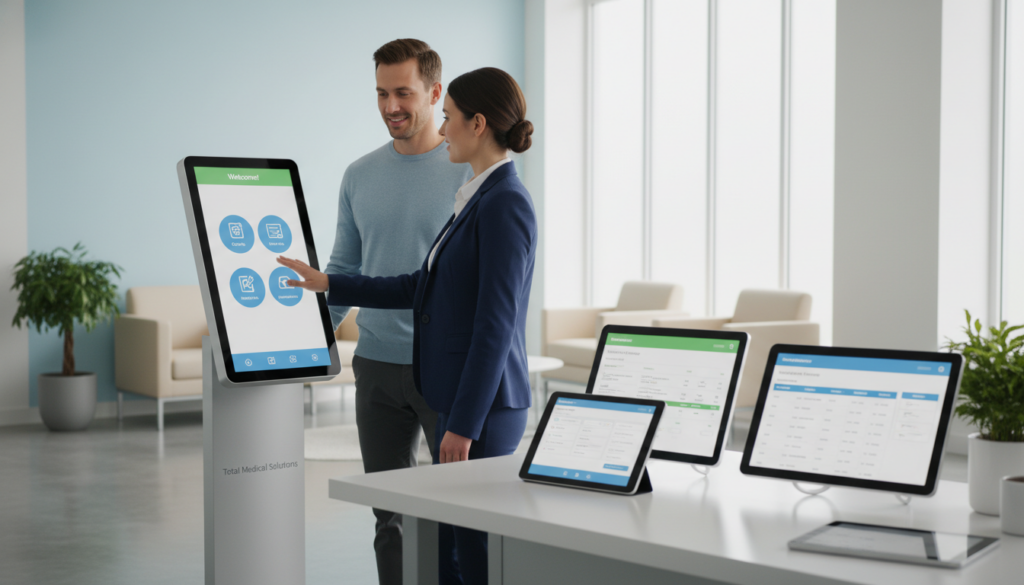 A modern, sleek digital patient check-in technology overview scene, showcasing an interactive kiosk and a touchscreen interface displaying a user-friendly check-in process. In the foreground, a health professional in professional business attire assists a patient, who is engaged and smiling at the kiosk. The middle ground features a clear display of various digital tablets and screens with patient data and appointment scheduling options. The background includes a minimalist, bright medical office environment with soft, natural lighting filtering through large windows. The atmosphere is welcoming and efficient, emphasizing the seamless integration of technology in healthcare. The brand name "Total Medical Solutions" is subtly integrated into the design of the kiosk without being obtrusive. The scene is captured from a slightly elevated angle to showcase both the technology and human interaction effectively.