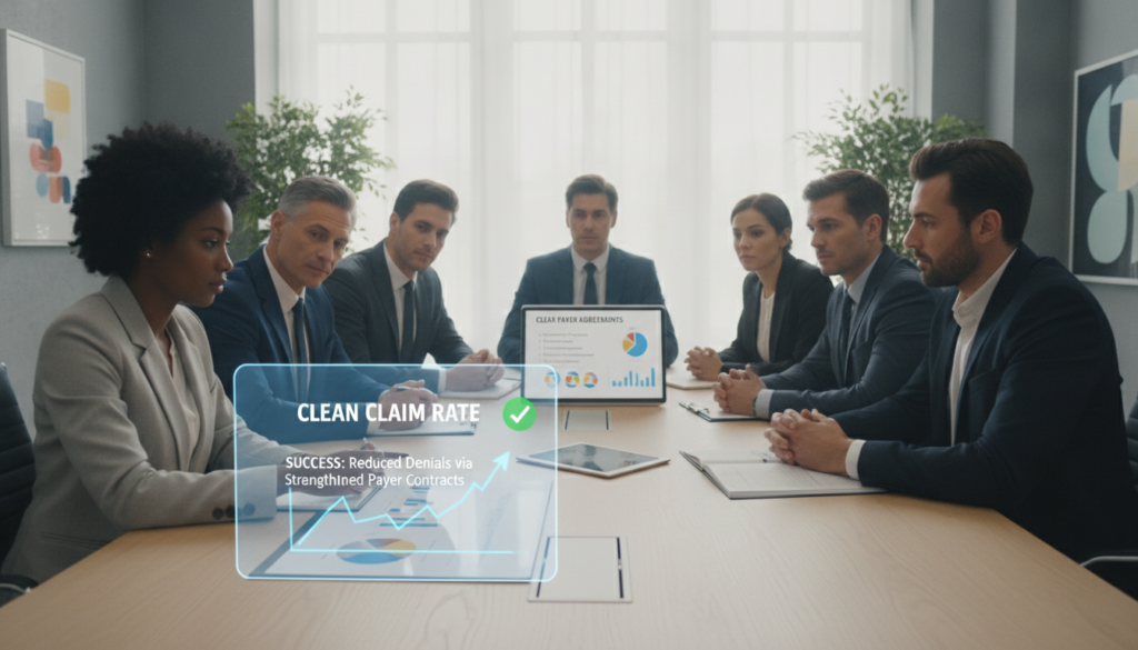A modern, sleek office environment where a diverse group of professionals in business attire are engaged in a collaborative meeting around a large conference table. In the foreground, a confident woman points to a digital screen displaying a chart depicting a rising clean claim rate, symbolizing success in reducing claim denials through strengthened payer contracts. In the middle, a well-organized presentation with colorful graphs and flowcharts emphasizes the importance of clear agreements with payers. The background features large windows letting in natural light, illuminating the space and creating a productive atmosphere. The mood is one of determination and teamwork, showcasing focus on innovative solutions, with soft, diffused lighting enhancing the professionalism of the scene. A modern, sleek office environment where a diverse group of professionals in business attire are engaged in a collaborative meeting around a large conference table. In the foreground, a confident woman points to a digital screen displaying a chart depicting a rising clean claim rate, symbolizing success in reducing claim denials through strengthened payer contracts. In the middle, a well-organized presentation with colorful graphs and flowcharts emphasizes the importance of clear agreements with payers. The background features large windows letting in natural light, illuminating the space and creating a productive atmosphere. The mood is one of determination and teamwork, showcasing focus on innovative solutions, with soft, diffused lighting enhancing the professionalism of the scene.