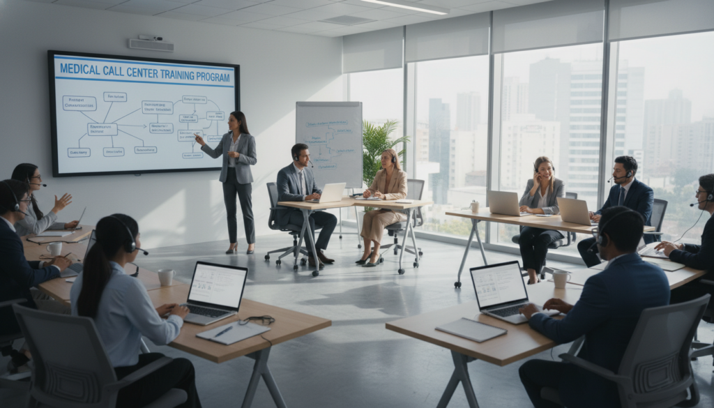 A modern training room depicting "medical call center services training program" with a diverse group of professionals in business attire seated at desks equipped with headsets and laptops. In the foreground, one trainer stands at a whiteboard filled with diagrams related to patient communication and customer service protocols. The middle ground features participants engaged in role-playing scenarios, practicing empathetic communication techniques. The background shows large windows allowing soft, natural light to illuminate the room, creating a warm and inviting atmosphere. Soft shadows enhance the professional look, while a camera angle from slightly above captures the collaborative spirit of learning and quality assurance in healthcare call centers. A modern training room depicting "medical call center services training program" with a diverse group of professionals in business attire seated at desks equipped with headsets and laptops. In the foreground, one trainer stands at a whiteboard filled with diagrams related to patient communication and customer service protocols. The middle ground features participants engaged in role-playing scenarios, practicing empathetic communication techniques. The background shows large windows allowing soft, natural light to illuminate the room, creating a warm and inviting atmosphere. Soft shadows enhance the professional look, while a camera angle from slightly above captures the collaborative spirit of learning and quality assurance in healthcare call centers.