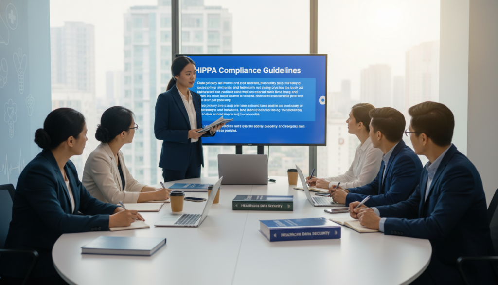 A modern training room for healthcare outsourcing, featuring a diverse group of professionals engaged in a compliance training session. In the foreground, a female trainer in professional business attire stands by a digital presentation displaying HIPAA compliance guidelines. Participants, both men and women of varying ethnicities, are seated around a sleek, oval table, attentively taking notes. The middle layer shows a well-organized space with laptops, notepads, and compliance manuals scattered on the table. The background features a large window allowing soft natural light to illuminate the room, creating a warm, professional atmosphere. The overall mood is focused and collaborative, emphasizing the importance of training and awareness in healthcare outsourcing. A modern training room for healthcare outsourcing, featuring a diverse group of professionals engaged in a compliance training session. In the foreground, a female trainer in professional business attire stands by a digital presentation displaying HIPAA compliance guidelines. Participants, both men and women of varying ethnicities, are seated around a sleek, oval table, attentively taking notes. The middle layer shows a well-organized space with laptops, notepads, and compliance manuals scattered on the table. The background features a large window allowing soft natural light to illuminate the room, creating a warm, professional atmosphere. The overall mood is focused and collaborative, emphasizing the importance of training and awareness in healthcare outsourcing.