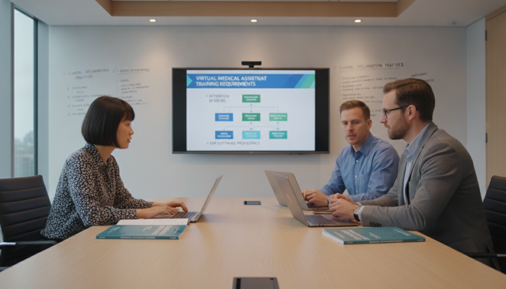A modern training session focused on clinical documentation outsourcing for virtual medical assistants, set in a well-lit conference room. In the foreground, a diverse group of three professionals, one Asian woman and two Caucasian men, dressed in smart business attire, engaged in discussion while reviewing training materials on laptops and tablets. In the middle, a large touchscreen displaying flowcharts and key points about training requirements, emphasizing key qualifications such as attention to detail and EHR software proficiency. The background features a whiteboard with notes and diagrams related to clinical documentation practices. The atmosphere is collaborative and focused, with warm lighting enhancing a professional yet approachable mood. The camera angle is slightly low, capturing the engaged expressions of the participants. A modern training session focused on clinical documentation outsourcing for virtual medical assistants, set in a well-lit conference room. In the foreground, a diverse group of three professionals, one Asian woman and two Caucasian men, dressed in smart business attire, engaged in discussion while reviewing training materials on laptops and tablets. In the middle, a large touchscreen displaying flowcharts and key points about training requirements, emphasizing key qualifications such as attention to detail and EHR software proficiency. The background features a whiteboard with notes and diagrams related to clinical documentation practices. The atmosphere is collaborative and focused, with warm lighting enhancing a professional yet approachable mood. The camera angle is slightly low, capturing the engaged expressions of the participants.