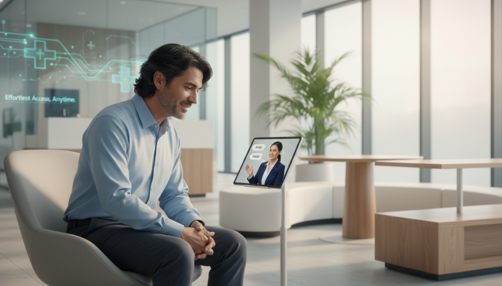 A modern virtual check-in setting featuring a Hispanic patient engaging with a bilingual healthcare professional through a tablet. In the foreground, the patient, a middle-aged Hispanic individual wearing modest casual clothing, appears attentive and relieved as they interact with the device. The healthcare professional, dressed in professional business attire, smiles and gestures, facilitating communication. In the middle ground, a sleek, well-lit reception area with smooth, contemporary furniture and potted plants creates a welcoming atmosphere, conveying comfort and efficiency. In the background, soft, diffused lighting enhances a calming mood, while subtle elements hint at a digital interface promoting healthcare accessibility. The overall atmosphere is professional and inviting, showcasing the advantages of seamless bilingual outreach without additional staffing challenges. A modern virtual check-in setting featuring a Hispanic patient engaging with a bilingual healthcare professional through a tablet. In the foreground, the patient, a middle-aged Hispanic individual wearing modest casual clothing, appears attentive and relieved as they interact with the device. The healthcare professional, dressed in professional business attire, smiles and gestures, facilitating communication. In the middle ground, a sleek, well-lit reception area with smooth, contemporary furniture and potted plants creates a welcoming atmosphere, conveying comfort and efficiency. In the background, soft, diffused lighting enhances a calming mood, while subtle elements hint at a digital interface promoting healthcare accessibility. The overall atmosphere is professional and inviting, showcasing the advantages of seamless bilingual outreach without additional staffing challenges.