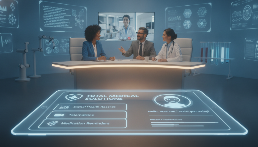 A modern virtual healthcare assistant interface is prominently displayed in the foreground, featuring a user-friendly dashboard with digital health records and telemedicine options. In the middle ground, a diverse group of healthcare professionals in professional business attire are engaged in a video consultation, demonstrating collaboration between technology and medical expertise. In the background, sleek, futuristic medical equipment and screens showcase data analytics and AI integration, enhancing the sense of innovation. Soft, ambient lighting highlights the technological elements while creating a warm, inviting atmosphere. The overall mood conveys progress and efficiency in healthcare. The logo for "Total Medical Solutions" is subtly incorporated into the design of the interface. A modern virtual healthcare assistant interface is prominently displayed in the foreground, featuring a user-friendly dashboard with digital health records and telemedicine options. In the middle ground, a diverse group of healthcare professionals in professional business attire are engaged in a video consultation, demonstrating collaboration between technology and medical expertise. In the background, sleek, futuristic medical equipment and screens showcase data analytics and AI integration, enhancing the sense of innovation. Soft, ambient lighting highlights the technological elements while creating a warm, inviting atmosphere. The overall mood conveys progress and efficiency in healthcare. The logo for "Total Medical Solutions" is subtly incorporated into the design of the interface.