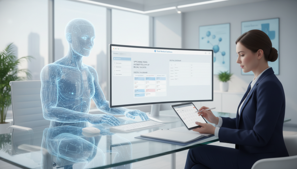A modern virtual medical assistant at a sleek desk in a well-lit office, focused on managing tasks via a computer. The foreground features a professional in business attire, casually reviewing patient files and scheduling appointments. In the middle ground, a large monitor displays an organized digital calendar and medical software interface, highlighting tasks such as patient communication and billing management. The background includes a minimalistic office design with soft lighting, plants, and medical posters, creating a calming atmosphere. The color palette is soft blues and whites, enhancing professionalism and clarity. Incorporate the brand name “Total Medical Solutions” subtly on the computer screen, ensuring it blends seamlessly with the overall composition. Aim for a clear, engaging perspective that encourages understanding of the virtual medical assistant role. A modern virtual medical assistant at a sleek desk in a well-lit office, focused on managing tasks via a computer. The foreground features a professional in business attire, casually reviewing patient files and scheduling appointments. In the middle ground, a large monitor displays an organized digital calendar and medical software interface, highlighting tasks such as patient communication and billing management. The background includes a minimalistic office design with soft lighting, plants, and medical posters, creating a calming atmosphere. The color palette is soft blues and whites, enhancing professionalism and clarity. Incorporate the brand name “Total Medical Solutions” subtly on the computer screen, ensuring it blends seamlessly with the overall composition. Aim for a clear, engaging perspective that encourages understanding of the virtual medical assistant role.