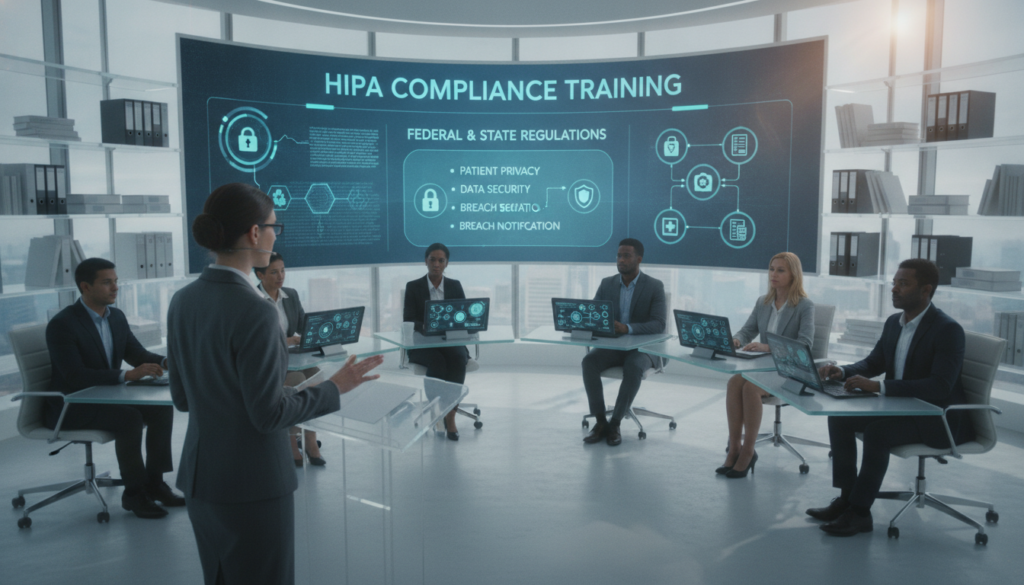 A modern virtual office environment, featuring a diverse group of professional individuals engaged in a training session on HIPAA compliance. In the foreground, a woman in a business suit is presenting to a small group of attentive colleagues, all dressed in professional attire. In the middle, a large digital screen displays infographics and key points about federal and state HIPAA regulations. The background features shelves filled with medical texts and compliance documents, creating an atmosphere of professionalism and focus. Soft, natural lighting illuminates the room, with a slight lens flare to suggest a bright, hopeful future in healthcare. The overall mood is one of diligence and teamwork, emphasizing the importance of understanding HIPAA regulations in a virtual setting. A modern virtual office environment, featuring a diverse group of professional individuals engaged in a training session on HIPAA compliance. In the foreground, a woman in a business suit is presenting to a small group of attentive colleagues, all dressed in professional attire. In the middle, a large digital screen displays infographics and key points about federal and state HIPAA regulations. The background features shelves filled with medical texts and compliance documents, creating an atmosphere of professionalism and focus. Soft, natural lighting illuminates the room, with a slight lens flare to suggest a bright, hopeful future in healthcare. The overall mood is one of diligence and teamwork, emphasizing the importance of understanding HIPAA regulations in a virtual setting.