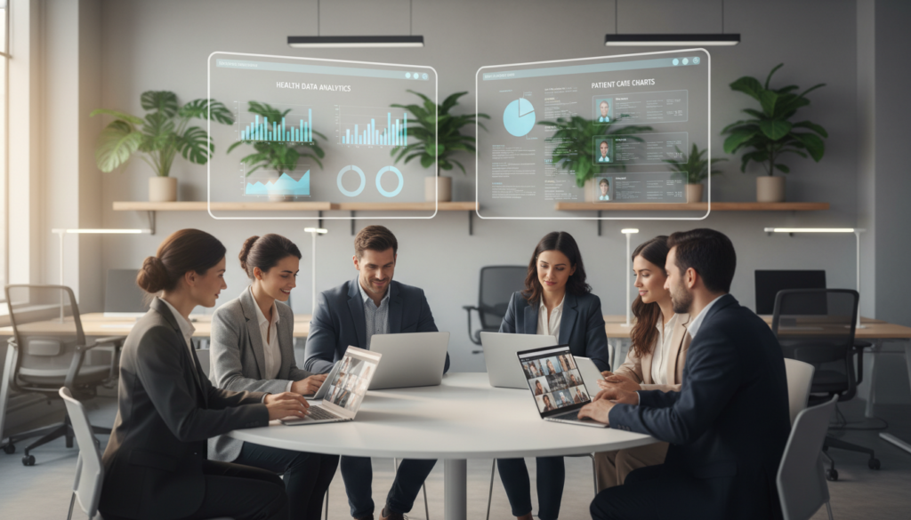 A modern virtual office setting showcasing remote healthcare workers collaborating seamlessly through digital devices. In the foreground, a diverse group of professionals dressed in smart business attire is engaged in a video conference on laptops and tablets, displaying expressions of focus and teamwork. The middle ground features large, interactive screens showing health data analytics and patient care charts, symbolizing the efficiency of virtual staffing solutions. In the background, a well-lit, sleek workspace with plants and minimalist decor enhances the professional atmosphere. Soft, natural lighting adds warmth, while a slightly blurred depth of field focuses on the healthcare team, evoking a sense of innovation and productivity in the virtual healthcare industry. A modern virtual office setting showcasing remote healthcare workers collaborating seamlessly through digital devices. In the foreground, a diverse group of professionals dressed in smart business attire is engaged in a video conference on laptops and tablets, displaying expressions of focus and teamwork. The middle ground features large, interactive screens showing health data analytics and patient care charts, symbolizing the efficiency of virtual staffing solutions. In the background, a well-lit, sleek workspace with plants and minimalist decor enhances the professional atmosphere. Soft, natural lighting adds warmth, while a slightly blurred depth of field focuses on the healthcare team, evoking a sense of innovation and productivity in the virtual healthcare industry.