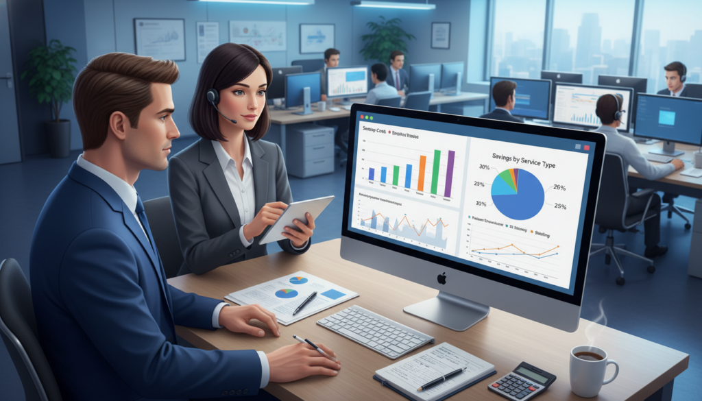 A professional and informative illustration of a medical call center services cost comparison. In the foreground, a sleek desktop computer displays colorful bar graphs and pie charts, symbolizing cost data analysis. Two individuals, one male and one female, are engaged in discussion, both dressed in professional business attire, studying the data. In the middle ground, there are additional financial charts and a notepad filled with notes, indicating a collaborative brainstorming session. The background features a modern healthcare call center environment with desks, headsets, and soft blue lighting to create a calm and focused atmosphere. Use a slightly angled perspective to provide depth, and ensure that natural lighting highlights the professionalism of the scene while maintaining clarity in the data visuals. A professional and informative illustration of a medical call center services cost comparison. In the foreground, a sleek desktop computer displays colorful bar graphs and pie charts, symbolizing cost data analysis. Two individuals, one male and one female, are engaged in discussion, both dressed in professional business attire, studying the data. In the middle ground, there are additional financial charts and a notepad filled with notes, indicating a collaborative brainstorming session. The background features a modern healthcare call center environment with desks, headsets, and soft blue lighting to create a calm and focused atmosphere. Use a slightly angled perspective to provide depth, and ensure that natural lighting highlights the professionalism of the scene while maintaining clarity in the data visuals.