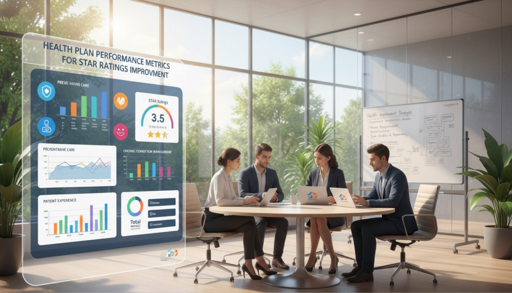 A professional and visually engaging infographic illustrating "health plan performance metrics for STAR ratings improvement." The foreground features a sleek digital dashboard displaying colorful graphs and charts representing HEDIS measures and STAR ratings, all designed with modern icons. In the middle, several diverse professionals in business attire collaborate around a table, analyzing data on tablets and laptops. The background shows a bright, airy office space with large windows, lush greenery outside, and a whiteboard filled with notes on health improvement strategies. Use natural daylight to create a motivating and optimistic atmosphere. The image should convey a sense of teamwork and innovation, with branding subtly incorporated as "Total Medical Solutions" within the design elements. A professional and visually engaging infographic illustrating "health plan performance metrics for STAR ratings improvement." The foreground features a sleek digital dashboard displaying colorful graphs and charts representing HEDIS measures and STAR ratings, all designed with modern icons. In the middle, several diverse professionals in business attire collaborate around a table, analyzing data on tablets and laptops. The background shows a bright, airy office space with large windows, lush greenery outside, and a whiteboard filled with notes on health improvement strategies. Use natural daylight to create a motivating and optimistic atmosphere. The image should convey a sense of teamwork and innovation, with branding subtly incorporated as "Total Medical Solutions" within the design elements.