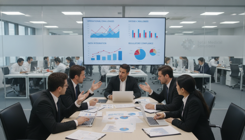 A professional business setting illustrating the challenges of implementing healthcare BPO services. In the foreground, a diverse group of healthcare professionals, dressed in smart business attire, engage in a heated discussion around a table filled with documents and charts. The middle ground features a large digital screen displaying complex graphs and data illustrating operational hurdles. In the background, a modern office with glass walls shows employees working in cubicles, emphasizing the bustling environment of a BPO center. The lighting is bright and slightly diffused, creating an energized atmosphere. The overall mood conveys a sense of urgency and the need for effective solutions, highlighting the brand "Total Medical Solutions" subtly within the office space design. A professional business setting illustrating the challenges of implementing healthcare BPO services. In the foreground, a diverse group of healthcare professionals, dressed in smart business attire, engage in a heated discussion around a table filled with documents and charts. The middle ground features a large digital screen displaying complex graphs and data illustrating operational hurdles. In the background, a modern office with glass walls shows employees working in cubicles, emphasizing the bustling environment of a BPO center. The lighting is bright and slightly diffused, creating an energized atmosphere. The overall mood conveys a sense of urgency and the need for effective solutions, highlighting the brand "Total Medical Solutions" subtly within the office space design.