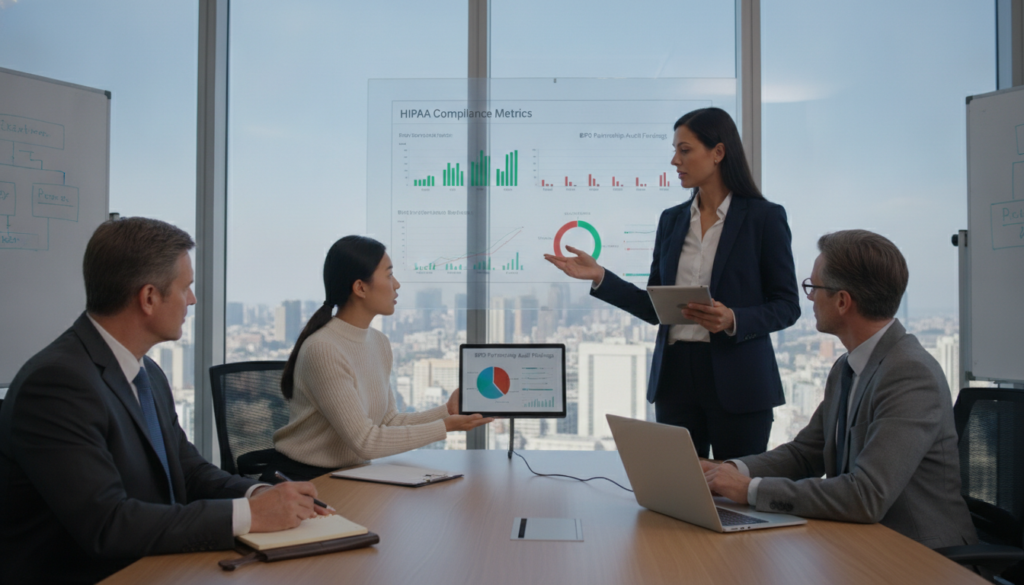 A professional business setting showcases a diverse group of healthcare professionals engaged in a compliance assessment meeting. In the foreground, a confident woman in business attire, holding a tablet, points to a digital display showing HIPAA compliance metrics. A middle-aged man in a suit is seated, taking notes, while a young professional, dressed in smart casual clothing, presents a chart on their laptop. The background features a modern conference room with glass walls and natural light streaming in, creating a bright and open atmosphere. The focus is on collaboration and diligence, emphasizing the importance of accurate assessments in BPO partnerships. The mood is serious yet optimistic, reflecting a commitment to compliance in healthcare outsourcing. A professional business setting showcases a diverse group of healthcare professionals engaged in a compliance assessment meeting. In the foreground, a confident woman in business attire, holding a tablet, points to a digital display showing HIPAA compliance metrics. A middle-aged man in a suit is seated, taking notes, while a young professional, dressed in smart casual clothing, presents a chart on their laptop. The background features a modern conference room with glass walls and natural light streaming in, creating a bright and open atmosphere. The focus is on collaboration and diligence, emphasizing the importance of accurate assessments in BPO partnerships. The mood is serious yet optimistic, reflecting a commitment to compliance in healthcare outsourcing.