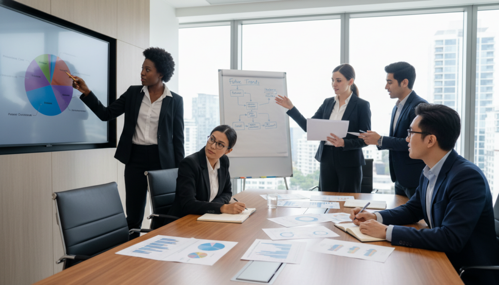 A professional business setting showcasing a diverse group of healthcare analysts in a modern conference room, working collaboratively around a large table filled with charts and graphs representing HEDIS data analytics. In the foreground, a Black female analyst presents a colorful pie chart on a screen, while a South Asian male colleague takes notes. In the middle, a white female analyst examines a report, and a Hispanic male analyst gestures towards a whiteboard filled with predictive models. The background features large windows that let in natural light, creating a bright and optimistic atmosphere. Use a wide-angle lens to capture the engagement and teamwork, emphasizing the success of data-driven decisions in improving healthcare outcomes. The mood is focused and inspiring, symbolizing achievement in analytics implementation. A professional business setting showcasing a diverse group of healthcare analysts in a modern conference room, working collaboratively around a large table filled with charts and graphs representing HEDIS data analytics. In the foreground, a Black female analyst presents a colorful pie chart on a screen, while a South Asian male colleague takes notes. In the middle, a white female analyst examines a report, and a Hispanic male analyst gestures towards a whiteboard filled with predictive models. The background features large windows that let in natural light, creating a bright and optimistic atmosphere. Use a wide-angle lens to capture the engagement and teamwork, emphasizing the success of data-driven decisions in improving healthcare outcomes. The mood is focused and inspiring, symbolizing achievement in analytics implementation.