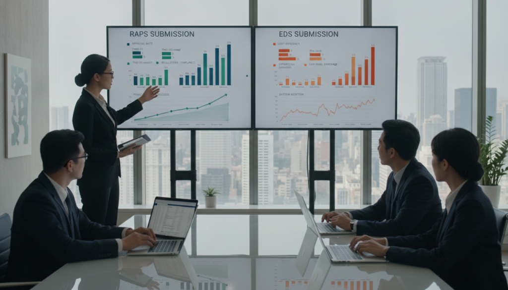 A professional comparison scene of "RAPS" and "EDS" submission case studies, showcasing two distinct sets of charts and graphs representing data analysis in a corporate office environment. In the foreground, a polished conference table with sleek laptops open to detailed reports, surrounded by diverse professionals in business attire, engaging in discussion. In the middle ground, a large digital screen displays contrasting visual summaries of RAPS and EDS metrics, with vibrant colors highlighting the differences. In the background, modern office decor with large windows revealing a city skyline, bathed in natural daylight, creating an atmosphere of collaboration and insight. The overall mood is analytical and focused, with a crisp and professional ambiance that underscores the significance of the study. A professional comparison scene of "RAPS" and "EDS" submission case studies, showcasing two distinct sets of charts and graphs representing data analysis in a corporate office environment. In the foreground, a polished conference table with sleek laptops open to detailed reports, surrounded by diverse professionals in business attire, engaging in discussion. In the middle ground, a large digital screen displays contrasting visual summaries of RAPS and EDS metrics, with vibrant colors highlighting the differences. In the background, modern office decor with large windows revealing a city skyline, bathed in natural daylight, creating an atmosphere of collaboration and insight. The overall mood is analytical and focused, with a crisp and professional ambiance that underscores the significance of the study.