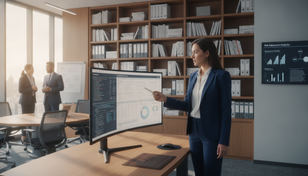 A professional healthcare provider, dressed in a smart business suit, stands confidently in an office environment while reviewing detailed patient documentation on a computer screen. Bright, natural light spills through large windows, casting a warm and inviting glow across the room. In the background, shelves are lined with medical books and charts, emphasizing the importance of accurate record-keeping in optimizing Medicare risk adjustment. A digital display shows analytics related to risk scores, subtly underlining the role of data in enhancing patient care. The atmosphere is focused and collaborative, reflecting a commitment to improving healthcare strategies. The “Total Medical Solutions” branding is subtly integrated into the decor, reinforcing a sense of professionalism and dedication to quality patient documentation. A professional healthcare provider, dressed in a smart business suit, stands confidently in an office environment while reviewing detailed patient documentation on a computer screen. Bright, natural light spills through large windows, casting a warm and inviting glow across the room. In the background, shelves are lined with medical books and charts, emphasizing the importance of accurate record-keeping in optimizing Medicare risk adjustment. A digital display shows analytics related to risk scores, subtly underlining the role of data in enhancing patient care. The atmosphere is focused and collaborative, reflecting a commitment to improving healthcare strategies. The “Total Medical Solutions” branding is subtly integrated into the decor, reinforcing a sense of professionalism and dedication to quality patient documentation.