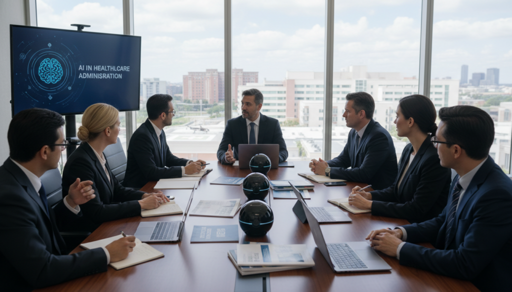 A professional healthcare training session taking place in a modern conference room. In the foreground, a diverse group of healthcare administrators in business attire are engaged in a dynamic discussion, some taking notes and others interacting with a digital presentation displayed on a large screen. The middle ground features a sleek, high-tech table with laptops, tablets, and AI-related training materials. The background showcases bright windows allowing natural light to fill the room, with a view of a hospital or medical facility, emphasizing the healthcare setting. The atmosphere is focused yet collaborative, reflecting an air of innovation and learning. Soft lighting enhances the professionalism, while a slight depth of field blurs the background, drawing attention to the engaged participants. A professional healthcare training session taking place in a modern conference room. In the foreground, a diverse group of healthcare administrators in business attire are engaged in a dynamic discussion, some taking notes and others interacting with a digital presentation displayed on a large screen. The middle ground features a sleek, high-tech table with laptops, tablets, and AI-related training materials. The background showcases bright windows allowing natural light to fill the room, with a view of a hospital or medical facility, emphasizing the healthcare setting. The atmosphere is focused yet collaborative, reflecting an air of innovation and learning. Soft lighting enhances the professionalism, while a slight depth of field blurs the background, drawing attention to the engaged participants.