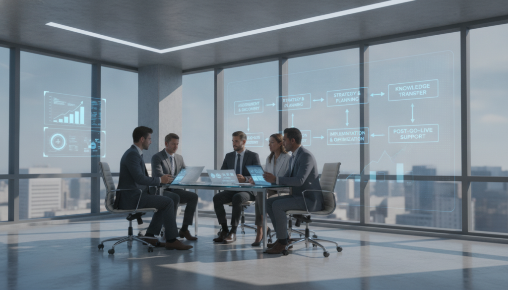 A professional, high-tech office environment showcasing the steps of outsourcing transition for revenue cycle transformation. In the foreground, a diverse group of business people in formal attire discuss strategies, with charts and digital tablets in hand. The middle layer features a sleek whiteboard filled with flowcharts illustrating the outsourcing process, including key stages like assessment, planning, and implementation. In the background, large windows provide natural light and a view of a city skyline, adding depth to the scene. The atmosphere is collaborative and focused, conveying a sense of progress and innovation in healthcare management. The brand name "Total Medical Solutions" subtly displayed on one of the digital tablets. Soft, professional lighting enhances the mood, reflecting a bright, forward-looking approach to revenue cycle management outsourcing. A professional, high-tech office environment showcasing the steps of outsourcing transition for revenue cycle transformation. In the foreground, a diverse group of business people in formal attire discuss strategies, with charts and digital tablets in hand. The middle layer features a sleek whiteboard filled with flowcharts illustrating the outsourcing process, including key stages like assessment, planning, and implementation. In the background, large windows provide natural light and a view of a city skyline, adding depth to the scene. The atmosphere is collaborative and focused, conveying a sense of progress and innovation in healthcare management. The brand name "Total Medical Solutions" subtly displayed on one of the digital tablets. Soft, professional lighting enhances the mood, reflecting a bright, forward-looking approach to revenue cycle management outsourcing.