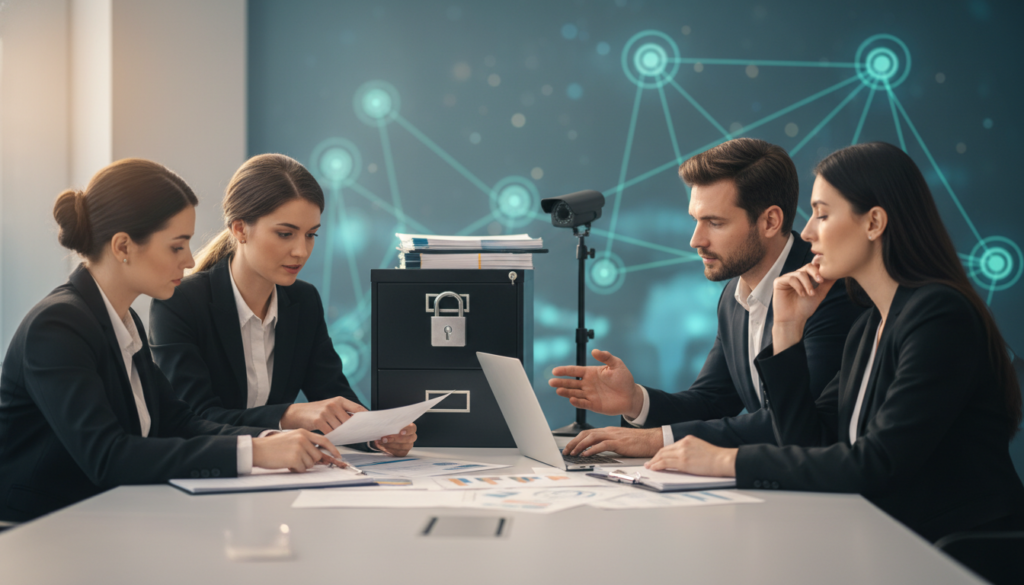 A professional office environment depicting the concept of medical billing security and outsourcing concerns. In the foreground, a diverse group of three professionals in business attire are intensely discussing documents and a laptop, symbolizing collaboration and decision-making. In the middle ground, a desktop with a locked filing cabinet, medical billing statements, and a security camera highlight the confidentiality and security aspects. The background features an abstract representation of a digital network with connected nodes, illustrating outsourcing, interconnectedness, and technology. The scene is well-lit with soft, warm lighting, creating a focused yet welcoming atmosphere. Use a depth of field effect to draw attention to the foreground while softly blurring the background for emphasis.