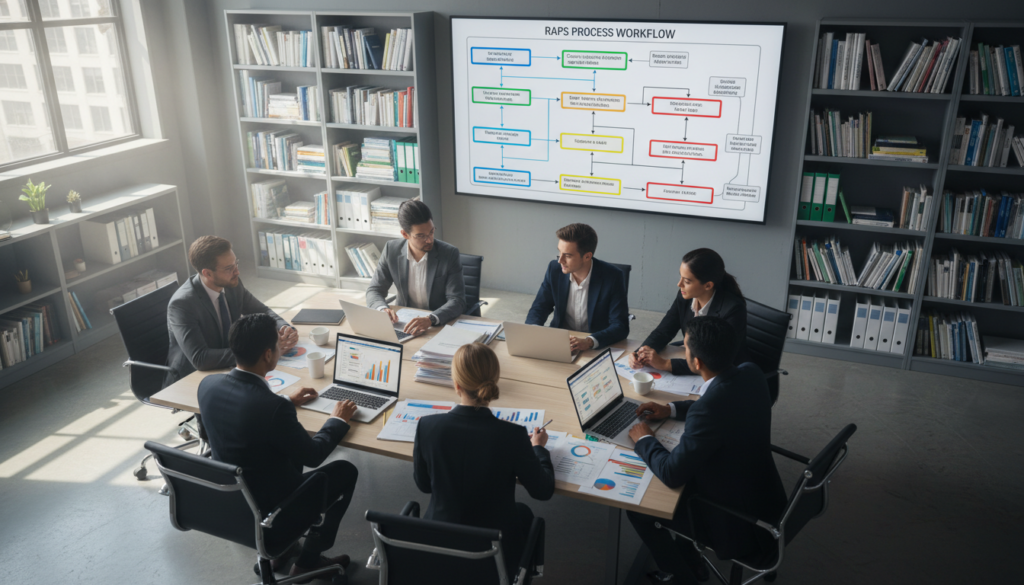 A professional office environment showcasing a Medicare risk adjustment coding data preparation workflow. In the foreground, a diverse team of individuals in business attire is collaborating at a conference table cluttered with papers, laptops, and charts highlighting coding metrics. In the middle ground, a large digital screen displays a flowchart illustrating the RAPS process, featuring color-coded steps and arrows. The background reveals shelves filled with medical coding books and files. Soft, natural lighting streams in through large windows, casting a warm glow, creating a focused and productive atmosphere. A slight perspective angle emphasizes teamwork and engagement, conveying the importance of understanding the RAPS process in a professional context. A professional office environment showcasing a Medicare risk adjustment coding data preparation workflow. In the foreground, a diverse team of individuals in business attire is collaborating at a conference table cluttered with papers, laptops, and charts highlighting coding metrics. In the middle ground, a large digital screen displays a flowchart illustrating the RAPS process, featuring color-coded steps and arrows. The background reveals shelves filled with medical coding books and files. Soft, natural lighting streams in through large windows, casting a warm glow, creating a focused and productive atmosphere. A slight perspective angle emphasizes teamwork and engagement, conveying the importance of understanding the RAPS process in a professional context.