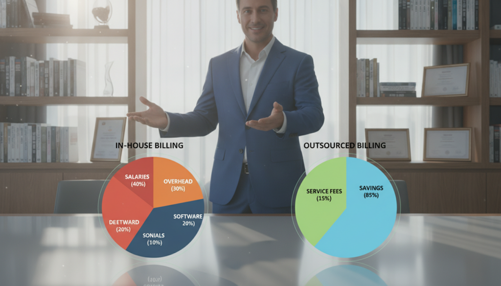 A professional office environment showcasing a comparison of medical billing costs. In the foreground, a table displays two contrasting pie charts: one for in-house medical billing and the other for outsourcing, illustrating cost benefits with clear, colorful segments. In the middle, a business professional in formal attire points at the charts, expressing insight. Soft, natural lighting filters through large windows, creating an inviting atmosphere. The background features shelves of medical books and certificates, reinforcing credibility. The composition should evoke a mood of clarity and informed decision-making, with a balanced angle capturing both the subject and the informative visuals prominently. No text or additional elements should detract from the focus on the cost comparison.