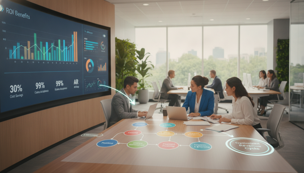 A professional office environment showcasing a medical billing outsourcing workflow. In the foreground, a diverse team of three professionals, dressed in business attire, collaborates around a large table filled with documents and laptops. A female analyst points to a colorful flowchart illustrating the billing process. In the middle, a large digital screen displays graphs and data highlighting ROI benefits, with connecting arrows emphasizing efficiency and cost reduction. The background features a modern office setting with large windows, natural light streaming in, and greenery visible outside to evoke a sense of productivity and innovation. The atmosphere is focused yet collaborative, emphasizing teamwork and successful outsourcing strategies in healthcare. A professional office environment showcasing a medical billing outsourcing workflow. In the foreground, a diverse team of three professionals, dressed in business attire, collaborates around a large table filled with documents and laptops. A female analyst points to a colorful flowchart illustrating the billing process. In the middle, a large digital screen displays graphs and data highlighting ROI benefits, with connecting arrows emphasizing efficiency and cost reduction. The background features a modern office setting with large windows, natural light streaming in, and greenery visible outside to evoke a sense of productivity and innovation. The atmosphere is focused yet collaborative, emphasizing teamwork and successful outsourcing strategies in healthcare.