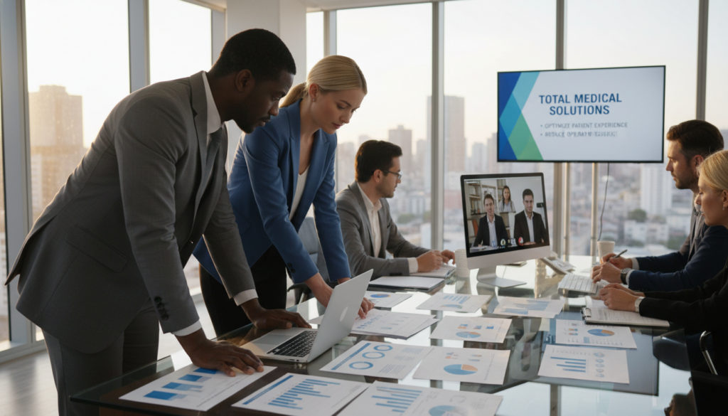 A professional office scene depicting a diverse group of business professionals evaluating outsourcing options for virtual receptionist services. In the foreground, a man and a woman are intensely discussing documents while using a laptop, both dressed in smart business attire. In the middle, a glass table holds various reports and charts showing cost comparisons and service levels, with a laptop open to a virtual meeting with an outsourcing partner. In the background, a modern office space features large windows allowing natural light to flood in, creating a bright and productive atmosphere. Soft shadows hint at late afternoon, enhancing the sense of focus and collaboration. The brand name "Total Medical Solutions" subtly appears in the background on a presentation slide. A professional office scene depicting a diverse group of business professionals evaluating outsourcing options for virtual receptionist services. In the foreground, a man and a woman are intensely discussing documents while using a laptop, both dressed in smart business attire. In the middle, a glass table holds various reports and charts showing cost comparisons and service levels, with a laptop open to a virtual meeting with an outsourcing partner. In the background, a modern office space features large windows allowing natural light to flood in, creating a bright and productive atmosphere. Soft shadows hint at late afternoon, enhancing the sense of focus and collaboration. The brand name "Total Medical Solutions" subtly appears in the background on a presentation slide.