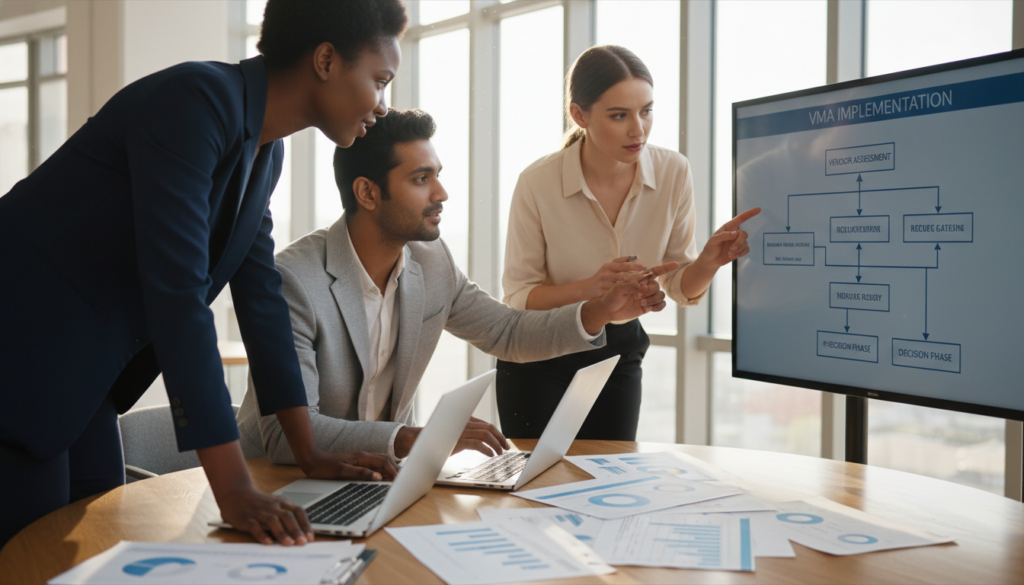 A professional office setting depicting a group of diverse business professionals engaged in a collaborative meeting to select a vendor for VMA implementation. In the foreground, a round table with laptops, charts, and documents spread out, showing data and criteria for evaluating vendors. The middle ground showcases three individuals in professional attire discussing and pointing at a digital screen displaying a flowchart of the vendor selection process. The background contains large windows with natural light illuminating the room, emphasizing a bright and focused atmosphere. Use a close-up lens angle to capture the details of their expressions and teamwork, reflecting a mood of determination and collaboration.
