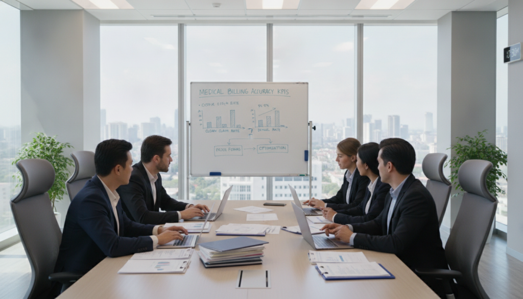 A professional office setting focused on medical billing accuracy training. In the foreground, a diverse group of healthcare professionals in business attire, engaged in a collaborative training session, with laptops and documents related to billing processes. The middle ground features a large, detailed chart displaying clean claim rates and key performance indicators on a whiteboard. In the background, a well-lit, modern conference room with large windows allowing natural light to stream in, creating a bright and inviting atmosphere. The camera angle is slightly elevated to capture the participants' concentration and teamwork, conveying a sense of purpose and professionalism. A professional office setting focused on medical billing accuracy training. In the foreground, a diverse group of healthcare professionals in business attire, engaged in a collaborative training session, with laptops and documents related to billing processes. The middle ground features a large, detailed chart displaying clean claim rates and key performance indicators on a whiteboard. In the background, a well-lit, modern conference room with large windows allowing natural light to stream in, creating a bright and inviting atmosphere. The camera angle is slightly elevated to capture the participants' concentration and teamwork, conveying a sense of purpose and professionalism.