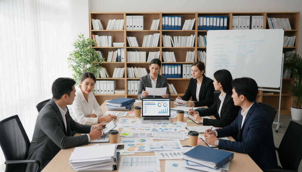 A professional office setting illustrating insurance claims processing with healthcare compliance regulations. In the foreground, a diverse group of professionals in smart business attire, reviewing documents and discussing compliance guidelines, with digital tablets in hand. The middle ground features a large conference table covered with paperwork, charts, and a laptop displaying data analytics. The background showcases a modern office environment, including shelves with reference books on healthcare regulations and a whiteboard filled with compliance checklists. Soft, natural lighting enhances a collaborative and focused atmosphere, evoking a sense of determination and professionalism. The scene is captured from a slightly elevated angle to provide a comprehensive view of the activity and teamwork.