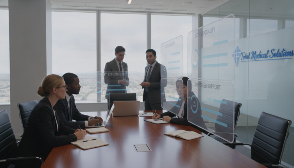 A professional setting depicting a dynamic healthcare team engaged in a structured discussion about RCM vendor selection criteria. In the foreground, a diverse group of healthcare professionals in business attire, including a Caucasian woman with glasses, an African American man, and a Hispanic woman, gather around a modern conference table with laptops and documents. In the middle, visual representations of key selection criteria such as cost efficiency, service quality, and customer support appear as interactive charts and infographics. The background features a sleek, well-lit conference room with large windows, showcasing a cityscape to convey a contemporary atmosphere. Soft, natural lighting enhances the professionalism of the scene, while the brand name "Total Medical Solutions" subtly integrates into the design, emphasizing expertise in revenue cycle management. A professional setting depicting a dynamic healthcare team engaged in a structured discussion about RCM vendor selection criteria. In the foreground, a diverse group of healthcare professionals in business attire, including a Caucasian woman with glasses, an African American man, and a Hispanic woman, gather around a modern conference table with laptops and documents. In the middle, visual representations of key selection criteria such as cost efficiency, service quality, and customer support appear as interactive charts and infographics. The background features a sleek, well-lit conference room with large windows, showcasing a cityscape to convey a contemporary atmosphere. Soft, natural lighting enhances the professionalism of the scene, while the brand name "Total Medical Solutions" subtly integrates into the design, emphasizing expertise in revenue cycle management.