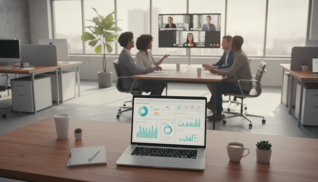 A professional workspace featuring a virtual medical assistant onboarding process. In the foreground, a well-organized desk with a laptop displaying a digital dashboard tracking performance metrics, goals, and progress indicators. In the middle, a diverse team in professional business attire engaging in a video call, discussing expectations and strategies for effective onboarding. The background shows a modern office environment with soft, natural lighting streaming through large windows, creating an optimistic and collaborative atmosphere. The scene is captured from a slight high angle, giving a comprehensive view of the interactive setup. The mood is focused and positive, emphasizing teamwork and clarity in goal-setting.