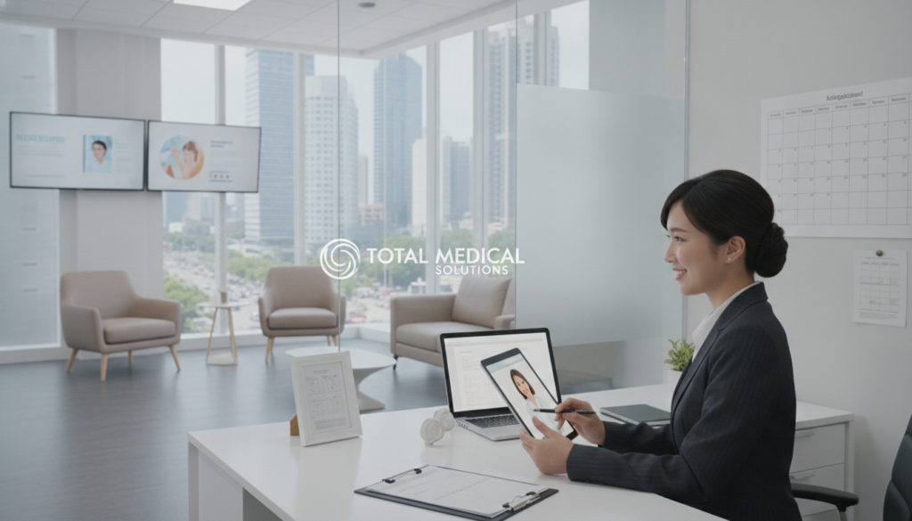 A serene office environment showcasing the benefits of a virtual medical assistant for flexible scheduling. In the foreground, a professional, smiling virtual medical assistant, dressed in smart business attire, converses with a patient via a sleek tablet. The assistant’s workspace features a modern desk with a laptop, medical charts, and a calendar displaying flexible hours. In the middle ground, there's a warm, inviting waiting area with a comfortable seating arrangement and digital screens showing health-related content. The background features large windows with natural light streaming in, with a cityscape visible outside, indicating a bustling environment. The atmosphere is calm and professional, conveying efficiency and connection, highlighting the theme of flexibility in hours of operation. Branding for "Total Medical Solutions" subtly integrated into the scene. A serene office environment showcasing the benefits of a virtual medical assistant for flexible scheduling. In the foreground, a professional, smiling virtual medical assistant, dressed in smart business attire, converses with a patient via a sleek tablet. The assistant’s workspace features a modern desk with a laptop, medical charts, and a calendar displaying flexible hours. In the middle ground, there's a warm, inviting waiting area with a comfortable seating arrangement and digital screens showing health-related content. The background features large windows with natural light streaming in, with a cityscape visible outside, indicating a bustling environment. The atmosphere is calm and professional, conveying efficiency and connection, highlighting the theme of flexibility in hours of operation. Branding for "Total Medical Solutions" subtly integrated into the scene.