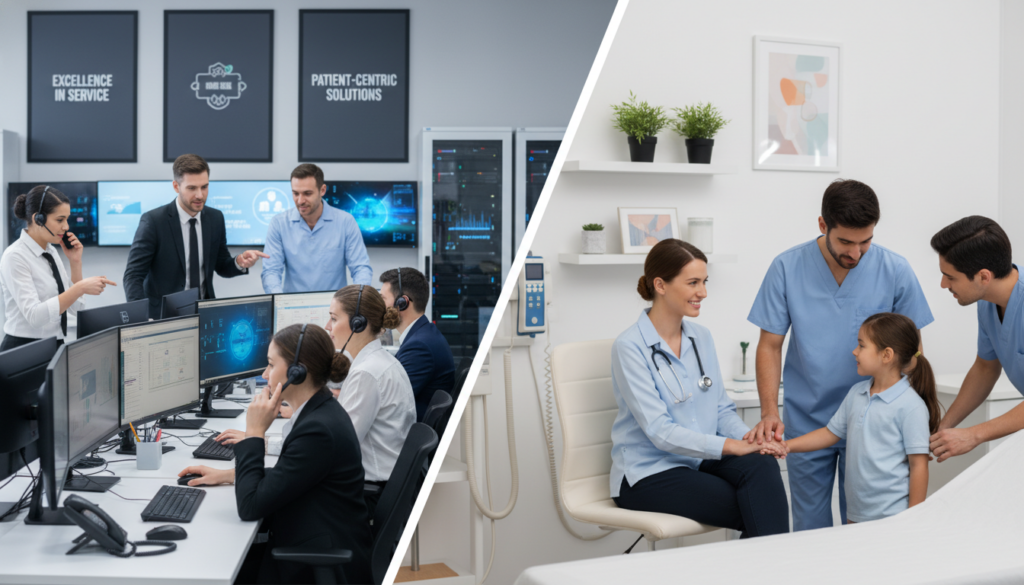 A side-by-side comparison of healthcare BPO and in-house patient care, illustrated in a split-screen format. The foreground features a busy healthcare BPO office with professionals in business attire engaged in phone calls and working at computers, showcasing teamwork and communication. In contrast, the middle ground highlights an in-house patient care environment, where healthcare providers interact compassionately with patients in a bright, inviting clinical setting. The background of the BPO scene includes motivational posters and sleek technology, while the in-house area shows comforting décor and medical equipment. The lighting is bright and professional, emphasizing clarity and warmth. The overall mood conveys a sense of innovation and care, focusing on customer experience and positive patient outcomes.