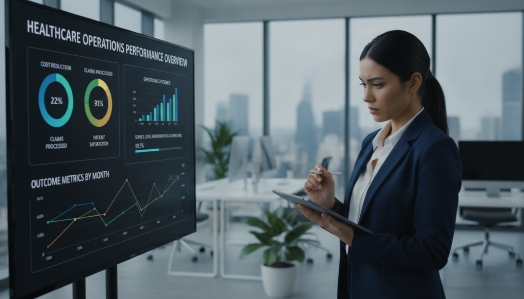 A sleek and modern healthcare operations outsourcing performance tracking dashboard, prominently displayed on a large digital screen. In the foreground, show various colorful graphs and pie charts depicting key performance indicators, with metrics related to outsourcing efficiency and outcomes. The middle section features a professional businesswoman in smart attire, intently analyzing the data on a tablet, her expression focused and engaged. In the background, a softly lit, contemporary office environment with large windows allowing natural light to fill the space, creating a bright and optimistic atmosphere. The perspective is slightly angled to capture a comprehensive view of the dashboard, emphasizing its intricate details while maintaining a clean and professional aesthetic.