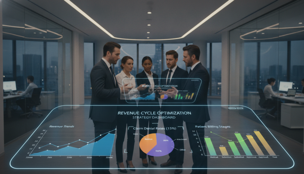 A sleek, modern dashboard interface displaying revenue cycle optimization strategies in a professional healthcare setting. The foreground features colorful, interactive graphs and charts that depict key performance indicators and metrics, such as patient billing, claim denial rates, and revenue trends. In the middle ground, a diverse group of business professionals in smart attire collaborates around a large digital display, analyzing data together. The background shows a high-tech office environment with soft, ambient lighting that creates a focused atmosphere. The image is captured from a slightly elevated angle, emphasizing collaboration and strategic planning. The overall mood is dynamic and productive, reflecting best practices for a successful revenue cycle management. A sleek, modern dashboard interface displaying revenue cycle optimization strategies in a professional healthcare setting. The foreground features colorful, interactive graphs and charts that depict key performance indicators and metrics, such as patient billing, claim denial rates, and revenue trends. In the middle ground, a diverse group of business professionals in smart attire collaborates around a large digital display, analyzing data together. The background shows a high-tech office environment with soft, ambient lighting that creates a focused atmosphere. The image is captured from a slightly elevated angle, emphasizing collaboration and strategic planning. The overall mood is dynamic and productive, reflecting best practices for a successful revenue cycle management.