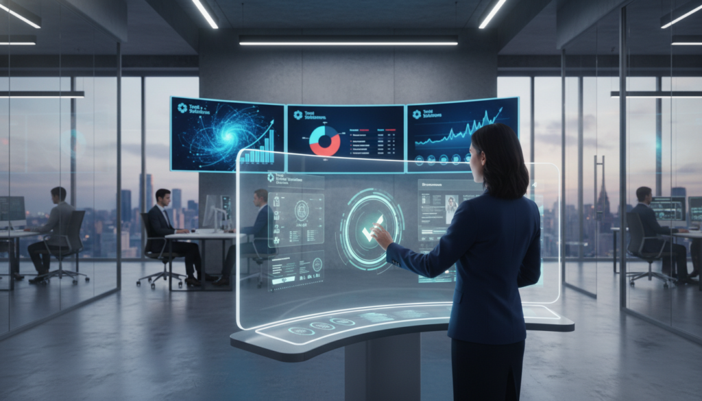 A sleek, modern office environment showcasing advanced electronic prior authorization technology and automated approval systems. In the foreground, a professional healthcare provider in business attire interacts with a futuristic touchscreen interface displaying complex data analytics and patient profiles. In the middle ground, several large screens show live updates of approvals and rejections, blending vivid colors with clear graphs and charts. The background features a window with a city skyline, suggesting a progressive and technology-driven healthcare ecosystem. Soft, natural lighting from the window illuminates the scene, creating a bright and hopeful atmosphere, while the logo "Total Medical Solutions" seamlessly integrates into the digital displays to emphasize innovation in healthcare automation. A sleek, modern office environment showcasing advanced electronic prior authorization technology and automated approval systems. In the foreground, a professional healthcare provider in business attire interacts with a futuristic touchscreen interface displaying complex data analytics and patient profiles. In the middle ground, several large screens show live updates of approvals and rejections, blending vivid colors with clear graphs and charts. The background features a window with a city skyline, suggesting a progressive and technology-driven healthcare ecosystem. Soft, natural lighting from the window illuminates the scene, creating a bright and hopeful atmosphere, while the logo "Total Medical Solutions" seamlessly integrates into the digital displays to emphasize innovation in healthcare automation.