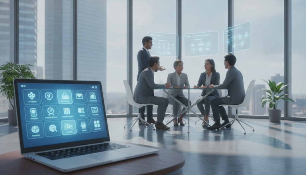 A sleek, modern office space featuring a virtual medical assistant onboarding session. In the foreground, a laptop displays an intuitive dashboard filled with technology tools and software applications relevant to onboarding. The middle ground showcases a diverse group of professionals in smart business attire engaged in discussion, surrounded by digital screens illustrating training modules and workflow charts. In the background, large windows allow natural light to fill the room, creating an inviting atmosphere. The lighting is bright and clear, emphasizing a sense of innovation and productivity. The angle is a slightly elevated perspective, capturing the dynamic interaction among team members and the technological setup. The overall mood conveys collaboration, efficiency, and a forward-thinking approach to onboarding.