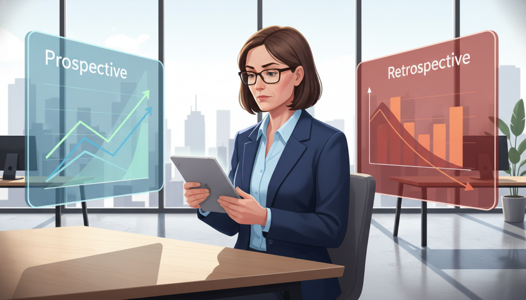 A sophisticated and informative illustration contrasting "Prospective vs. Retrospective Risk Adjustment." In the foreground, two distinct charts: one labeled "Prospective" featuring upward-trending graphs in cool blue tones, and another labeled "Retrospective" with downward-trending graphs in warm red tones. In the middle ground, a professional in business attire, a middle-aged person with glasses, thoughtfully analyzing the charts using a tablet. The background shows a modern office setting with large windows allowing natural light to filter through, creating a bright and optimistic atmosphere. The perspective should be slightly angled to emphasize both the charts and the individual’s engagement. Soft shadows enhance depth, conveying a sense of seriousness and focus, suitable for a business analysis context. A sophisticated and informative illustration contrasting "Prospective vs. Retrospective Risk Adjustment." In the foreground, two distinct charts: one labeled "Prospective" featuring upward-trending graphs in cool blue tones, and another labeled "Retrospective" with downward-trending graphs in warm red tones. In the middle ground, a professional in business attire, a middle-aged person with glasses, thoughtfully analyzing the charts using a tablet. The background shows a modern office setting with large windows allowing natural light to filter through, creating a bright and optimistic atmosphere. The perspective should be slightly angled to emphasize both the charts and the individual’s engagement. Soft shadows enhance depth, conveying a sense of seriousness and focus, suitable for a business analysis context.