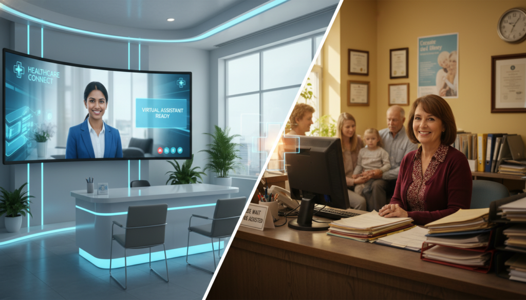 A split-screen image contrasting a virtual receptionist and a traditional front desk in a healthcare setting. On the left, a sleek, modern virtual receptionist interface on a large screen, with a professional, diverse healthcare worker wearing business attire, engaging with patients via video call. Bright, soft lighting enhances the efficiency and technological vibe. On the right, a traditional front desk with a friendly receptionist dressed in smart casual attire, surrounded by paperwork and waiting patients, in a classic clinic setting. The middle ground subtly blends these two worlds, highlighting the juxtaposition of technology versus personal interaction. Warm, inviting colors create a balanced and professional atmosphere, with an emphasis on healthcare efficiency. A split-screen image contrasting a virtual receptionist and a traditional front desk in a healthcare setting. On the left, a sleek, modern virtual receptionist interface on a large screen, with a professional, diverse healthcare worker wearing business attire, engaging with patients via video call. Bright, soft lighting enhances the efficiency and technological vibe. On the right, a traditional front desk with a friendly receptionist dressed in smart casual attire, surrounded by paperwork and waiting patients, in a classic clinic setting. The middle ground subtly blends these two worlds, highlighting the juxtaposition of technology versus personal interaction. Warm, inviting colors create a balanced and professional atmosphere, with an emphasis on healthcare efficiency.