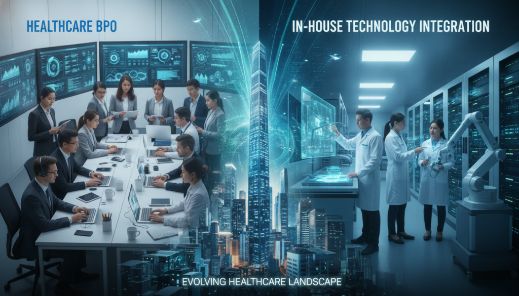 A split-screen visual comparison illustrating the contrast between healthcare Business Process Outsourcing (BPO) and in-house technology integration. In the foreground, to the left, a dynamic BPO office scene with diverse professionals in business attire collaborating over laptops and digital screens displaying healthcare data analytics. To the right, a modern in-house technology department with a focused team of specialists interacting with sophisticated integrated systems and robotics in a sleek, well-lit environment. In the middle ground, a futuristic city skyline can be seen, reflecting technological advancements. The background features subtle light effects to enhance the atmosphere of innovation and progress, with a balanced color scheme of blues and greens symbolizing trust and health, all presented in a high-resolution, crisp imagery that captures the essence of the healthcare industry's evolving landscape.
