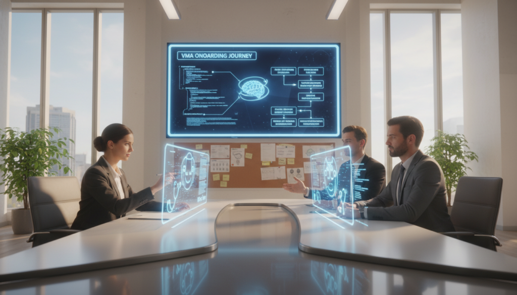 A vibrant and engaging office environment illustrates the training process for virtual medical assistants. In the foreground, a diverse group of three professionals, two women and one man, are seated around a sleek, modern conference table. They are dressed in professional business attire, actively engaging with holographic displays showcasing virtual assistant technology. The middle ground features a large screen displaying a flowchart of the onboarding process, surrounded by notes and medical forms. In the background, large windows illuminate the space with natural light, enhancing a productive and collaborative atmosphere. The scene conveys a sense of innovation, learning, and professionalism, ideally captured with a dynamic angle that emphasizes the interaction among the team. Soft, warm lighting creates an inviting ambiance, perfect for a training environment. A vibrant and engaging office environment illustrates the training process for virtual medical assistants. In the foreground, a diverse group of three professionals, two women and one man, are seated around a sleek, modern conference table. They are dressed in professional business attire, actively engaging with holographic displays showcasing virtual assistant technology. The middle ground features a large screen displaying a flowchart of the onboarding process, surrounded by notes and medical forms. In the background, large windows illuminate the space with natural light, enhancing a productive and collaborative atmosphere. The scene conveys a sense of innovation, learning, and professionalism, ideally captured with a dynamic angle that emphasizes the interaction among the team. Soft, warm lighting creates an inviting ambiance, perfect for a training environment.