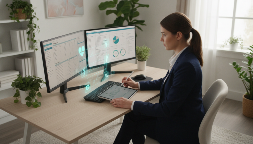 A virtual medical assistant actively engaged in remote charting and EHR data entry support. In the foreground, a focused female professional wearing smart business attire is seated at a modern desk with dual monitors displaying patient health records. Her expression reflects concentration and determination. In the middle, medical icons and graphs subtly appear on the screens, illustrating data management. In the background, a bright and organized home office environment, featuring medical bookshelves and houseplants, enhances the setting. Soft, natural lighting filters through a window, creating a welcoming atmosphere. The perspective is a slightly angled view, capturing both the assistant and the tech she uses, emphasizing efficiency and professionalism in healthcare documentation. A virtual medical assistant actively engaged in remote charting and EHR data entry support. In the foreground, a focused female professional wearing smart business attire is seated at a modern desk with dual monitors displaying patient health records. Her expression reflects concentration and determination. In the middle, medical icons and graphs subtly appear on the screens, illustrating data management. In the background, a bright and organized home office environment, featuring medical bookshelves and houseplants, enhances the setting. Soft, natural lighting filters through a window, creating a welcoming atmosphere. The perspective is a slightly angled view, capturing both the assistant and the tech she uses, emphasizing efficiency and professionalism in healthcare documentation.