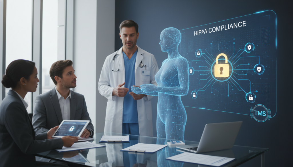 A virtual medical assistant in a modern healthcare setting, engaged in a discussion with a healthcare professional about HIPAA compliance. The foreground features a diverse group of professionals in business attire, with one individual using a tablet to display patient data securely. The middle ground includes a sleek office environment with medical charts and compliance checklists visible on a desk. The background showcases a digital interface with security icons and a lock symbol representing data protection. Soft, natural lighting illuminates the scene, enhancing the professional atmosphere. The focus is on collaboration and technology, emphasizing the role of virtual assistants in maintaining legal and compliance standards. Total Medical Solutions logo is subtly integrated into the digital interface. A virtual medical assistant in a modern healthcare setting, engaged in a discussion with a healthcare professional about HIPAA compliance. The foreground features a diverse group of professionals in business attire, with one individual using a tablet to display patient data securely. The middle ground includes a sleek office environment with medical charts and compliance checklists visible on a desk. The background showcases a digital interface with security icons and a lock symbol representing data protection. Soft, natural lighting illuminates the scene, enhancing the professional atmosphere. The focus is on collaboration and technology, emphasizing the role of virtual assistants in maintaining legal and compliance standards. Total Medical Solutions logo is subtly integrated into the digital interface.