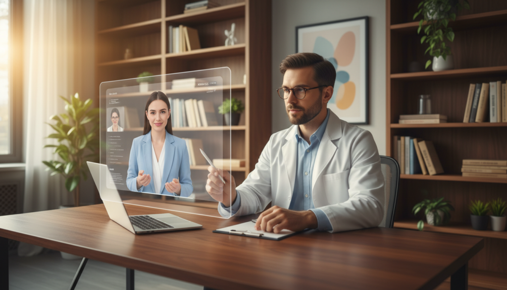 A virtual medical assistant interacts with a physician through a digital screen, showcasing a modern home office environment. In the foreground, a friendly, professional virtual assistant, depicted as a female in modest business attire, displays supportive gestures, with a calming smile on her face. In the middle ground, the physician, wearing a white coat and glasses, is seated at a desk with a laptop, clearly engaged in the conversation. The background features soft, ambient lighting with shelves lined with medical books and plants, creating a serene atmosphere. The scene captures a blend of technology and humanity, emphasizing support and partnership in preventing physician burnout. Use a wide-angle lens for depth, with warm lighting to enhance the inviting mood. A virtual medical assistant interacts with a physician through a digital screen, showcasing a modern home office environment. In the foreground, a friendly, professional virtual assistant, depicted as a female in modest business attire, displays supportive gestures, with a calming smile on her face. In the middle ground, the physician, wearing a white coat and glasses, is seated at a desk with a laptop, clearly engaged in the conversation. The background features soft, ambient lighting with shelves lined with medical books and plants, creating a serene atmosphere. The scene captures a blend of technology and humanity, emphasizing support and partnership in preventing physician burnout. Use a wide-angle lens for depth, with warm lighting to enhance the inviting mood.