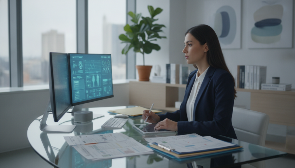 A virtual medical assistant, portrayed as a focused female professional in smart business attire, sits at a sleek desk cluttered with digital devices and organized stacks of medical documents. Her attention is on a large, illuminated touchscreen displaying patient records in vivid detail. In the foreground, a soft glow emanates from her screen, accentuating her concentrated expression. The middle includes shelves filled with neatly arranged medical books and a potted plant for a touch of life. In the background, a modern office space features abstract art and gentle lighting from large windows, creating a calm atmosphere. The image captures a sense of efficiency and professionalism in healthcare documentation management, with a clean and organized aesthetic. Bright, natural light fills the scene, adding an air of positivity and productivity.
