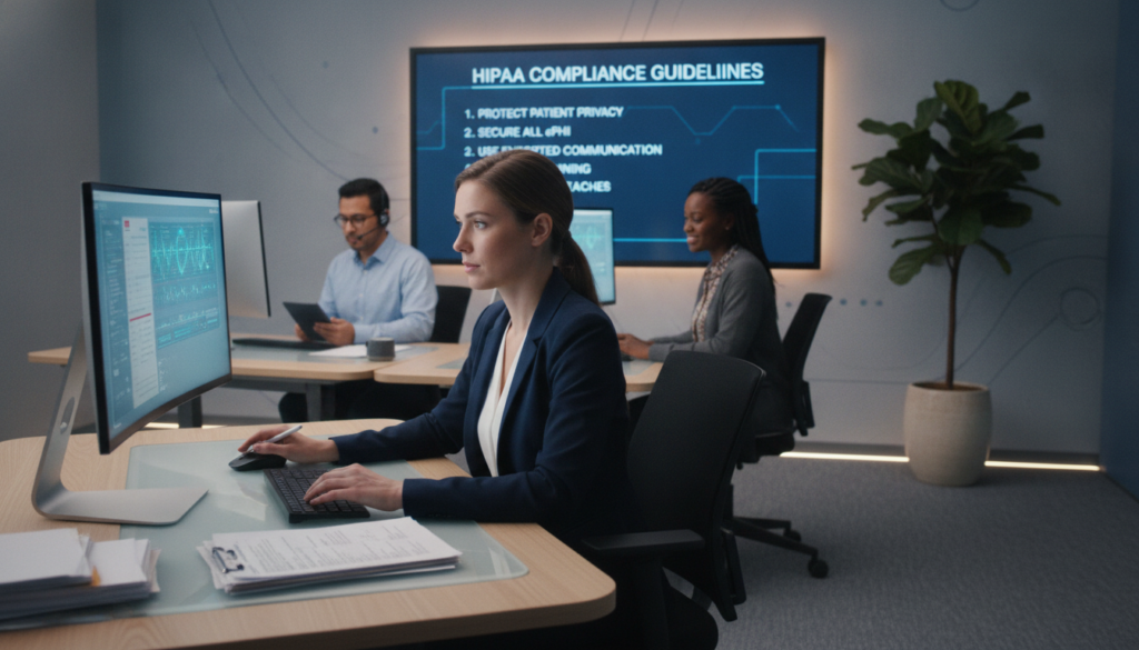 A virtual office environment focused on HIPAA compliance, featuring a diverse group of three virtual medical assistants (one Caucasian, one Black, and one Hispanic) diligently working at sleek desks adorned with computers and medical documents. In the foreground, one assistant is reviewing a patient file on-screen while wearing professional attire, focused and engaged. In the middle, a whiteboard displays key HIPAA compliance guidelines, emphasizing privacy and security protocols. In the background, a calming yet modern space with soft, ambient lighting and a potted plant contributes to a professional atmosphere. The lens should capture the scene from a slightly elevated angle, providing a comprehensive view of the assistants and their workspace, creating a mood that conveys diligence, responsibility, and professionalism. A virtual office environment focused on HIPAA compliance, featuring a diverse group of three virtual medical assistants (one Caucasian, one Black, and one Hispanic) diligently working at sleek desks adorned with computers and medical documents. In the foreground, one assistant is reviewing a patient file on-screen while wearing professional attire, focused and engaged. In the middle, a whiteboard displays key HIPAA compliance guidelines, emphasizing privacy and security protocols. In the background, a calming yet modern space with soft, ambient lighting and a potted plant contributes to a professional atmosphere. The lens should capture the scene from a slightly elevated angle, providing a comprehensive view of the assistants and their workspace, creating a mood that conveys diligence, responsibility, and professionalism.