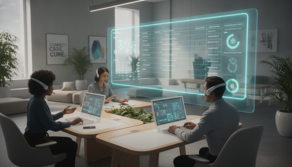 A virtual workspace featuring several virtual patient outreach professionals engaged in follow-up calls. In the foreground, a diverse group of three individuals—two women and one man—are sitting at modern desks equipped with high-tech headsets and laptops, focused on delivering exceptional care. In the middle ground, a large digital screen displays a clear interface showcasing patient information and call metrics. The background features a bright, open office space filled with greenery and motivational artwork, enhancing a sense of professionalism and positivity. Soft, natural lighting streams in from large windows, casting gentle shadows across the room. The atmosphere is energetic yet calm, highlighting the importance of virtual medical assistance in patient care.