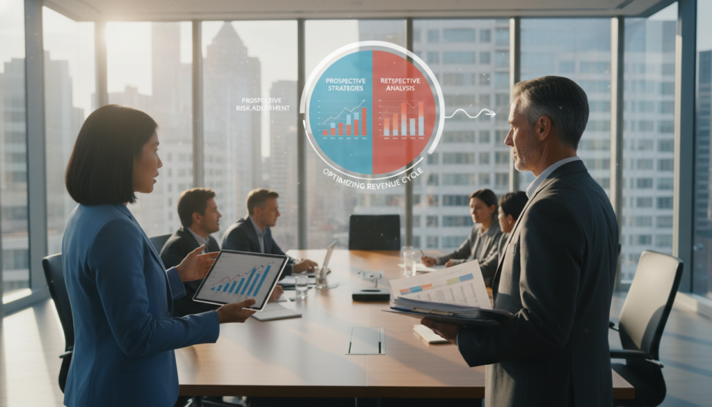 A visual representation of "Provider Perspectives on Prospective vs Retrospective Risk Adjustment." In the foreground, two healthcare professionals in professional business attire, one representing prospective risk adjustment and the other representing retrospective risk adjustment, holding contrasting charts and data. In the middle, a conference room setting with a large table and digital projection displaying graphical analysis of risk adjustment strategies. The background features a large window with soft, natural light streaming in, creating an optimistic atmosphere. Use a wide-angle lens to capture the dynamics of the discussion. The mood should be focused yet collaborative, reflecting the importance of the topic in healthcare revenue management. No text or logos visible. A visual representation of "Provider Perspectives on Prospective vs Retrospective Risk Adjustment." In the foreground, two healthcare professionals in professional business attire, one representing prospective risk adjustment and the other representing retrospective risk adjustment, holding contrasting charts and data. In the middle, a conference room setting with a large table and digital projection displaying graphical analysis of risk adjustment strategies. The background features a large window with soft, natural light streaming in, creating an optimistic atmosphere. Use a wide-angle lens to capture the dynamics of the discussion. The mood should be focused yet collaborative, reflecting the importance of the topic in healthcare revenue management. No text or logos visible.