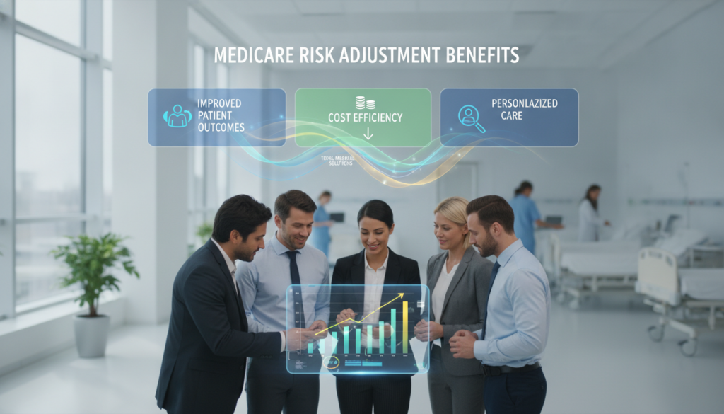 A visually appealing representation of the benefits of Medicare risk adjustment for patient care and health plans. In the foreground, a diverse group of healthcare professionals in professional business attire is collaborating around a digital tablet displaying graphs and statistics. In the middle layer, a vibrant, stylized infographic highlights key benefits like improved patient outcomes, cost efficiency, and personalized care, with icons illustrating these concepts. The background features a calm, modern healthcare environment with soft natural lighting coming from large windows, creating an optimistic atmosphere. Use a wide-angle lens to capture depth and detail, evoking a sense of teamwork and innovation in healthcare. Include the brand name "Total Medical Solutions" subtly integrated into the graphic elements. A visually appealing representation of the benefits of Medicare risk adjustment for patient care and health plans. In the foreground, a diverse group of healthcare professionals in professional business attire is collaborating around a digital tablet displaying graphs and statistics. In the middle layer, a vibrant, stylized infographic highlights key benefits like improved patient outcomes, cost efficiency, and personalized care, with icons illustrating these concepts. The background features a calm, modern healthcare environment with soft natural lighting coming from large windows, creating an optimistic atmosphere. Use a wide-angle lens to capture depth and detail, evoking a sense of teamwork and innovation in healthcare. Include the brand name "Total Medical Solutions" subtly integrated into the graphic elements.