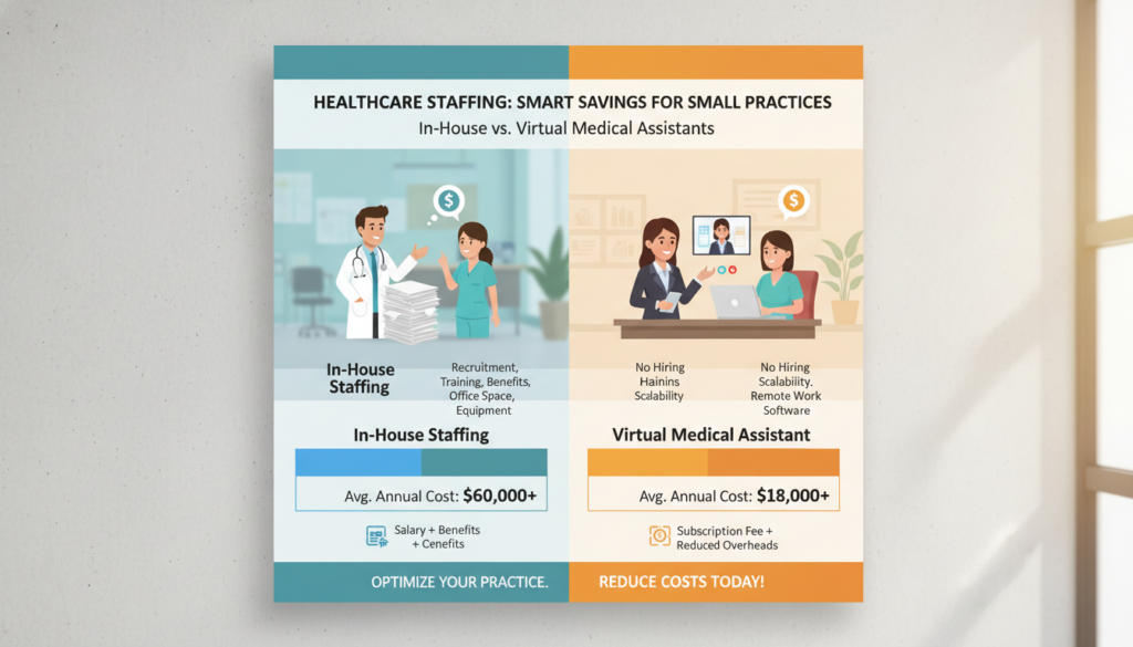 A visually engaging infographic showcasing a healthcare staffing costs comparison for small medical practices, illustrating two main sections: In-House Staffing and Virtual Medical Assistants. In the foreground, a simple bar graph highlights cost differences, with clear, distinct bars demonstrating variations in figures. In the middle, small icons represent healthcare professionals (doctors and medical assistants) dressed in professional attire, engaging in conversations or consulting over charts indicating cost analysis. The background features a stylized clinic or office setting, softly blurred to emphasize the data in the foreground. Warm, natural lighting creates an inviting atmosphere, while a wide-angle view allows for an inclusive perspective. The overall mood is informative, professional, and optimistic, reflecting a forward-thinking approach to healthcare staffing solutions. A visually engaging infographic showcasing a healthcare staffing costs comparison for small medical practices, illustrating two main sections: In-House Staffing and Virtual Medical Assistants. In the foreground, a simple bar graph highlights cost differences, with clear, distinct bars demonstrating variations in figures. In the middle, small icons represent healthcare professionals (doctors and medical assistants) dressed in professional attire, engaging in conversations or consulting over charts indicating cost analysis. The background features a stylized clinic or office setting, softly blurred to emphasize the data in the foreground. Warm, natural lighting creates an inviting atmosphere, while a wide-angle view allows for an inclusive perspective. The overall mood is informative, professional, and optimistic, reflecting a forward-thinking approach to healthcare staffing solutions.