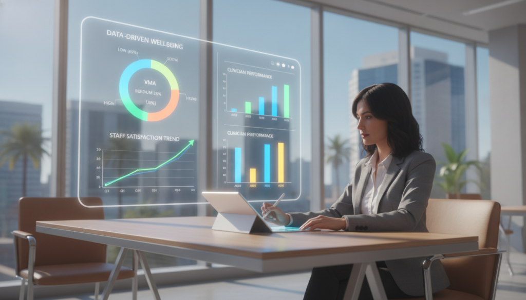 A visually striking dashboard displaying VMA burnout prevention metrics, set in a sleek modern office environment. In the foreground, a large digital screen shows vibrant, colorful graphs and charts depicting burnout statistics, satisfaction ratings, and performance metrics. The middle layer features a professional business analyst, dressed in business attire, intently studying the data while taking notes on a tablet. In the background, large windows reveal a bright, sunny day outside, creating an uplifting atmosphere. Soft, diffused lighting enhances the clarity of the dashboard and reflects a positive mood of progress and success. The overall composition should convey a sense of professionalism and the importance of data-driven solutions in healthcare. A visually striking dashboard displaying VMA burnout prevention metrics, set in a sleek modern office environment. In the foreground, a large digital screen shows vibrant, colorful graphs and charts depicting burnout statistics, satisfaction ratings, and performance metrics. The middle layer features a professional business analyst, dressed in business attire, intently studying the data while taking notes on a tablet. In the background, large windows reveal a bright, sunny day outside, creating an uplifting atmosphere. Soft, diffused lighting enhances the clarity of the dashboard and reflects a positive mood of progress and success. The overall composition should convey a sense of professionalism and the importance of data-driven solutions in healthcare.
